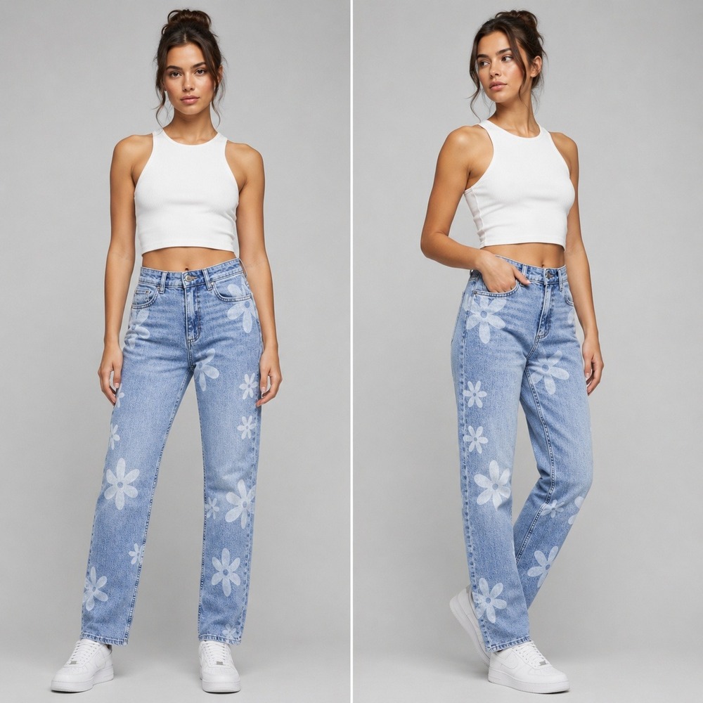 PrettyLittleThing Floral Daisy Print Straight Leg Jean Light Wash Blue Denim 0